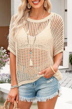 Load image into Gallery viewer, Apricot Fishnet Knit Ribbed Round Neck Short Sleeve Sweater Tee