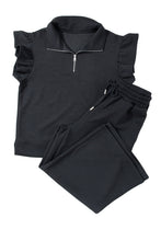 Load image into Gallery viewer, Black Textured Flutter Sleeve Top Wide Leg Pants Set