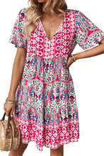 Load image into Gallery viewer, Pink Bohemian Print Tie Neck Ruffle Hem Short Dress