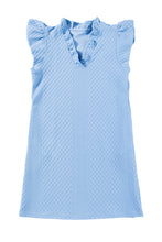 Load image into Gallery viewer, Light Blue Textured Puff Sleeve Ruffled V Neck Shift Mini Dress