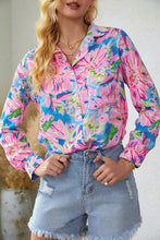 Load image into Gallery viewer, Pink Abstract Floral Print Notch V Neck Rolled Short Sleeve Blouse