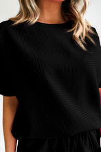 Load image into Gallery viewer, Black Casual Textured Tee and Drawstring Shorts Set