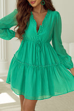 Load image into Gallery viewer, Sea Green Frilly V Neck Puff Sleeve Drawstring Shift Mini Dress