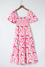 Load image into Gallery viewer, Pink Brush Stroke Printed Smocked Ruffle Tiered Dress