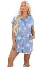 Load image into Gallery viewer, Sky Blue Stars Frayed Hem Collared Short Sleeve Denim Dress