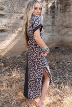 Load image into Gallery viewer, Black Contrast Solid Leopard Short Sleeve T-shirt Dress with Slits