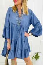 Load image into Gallery viewer, Sky Blue Chambray Ruffled 3/4 Sleeve Tiered Split V Neck Mini Dress