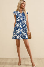 Load image into Gallery viewer, Sail Blue Floral Ruffled Cap Sleeve Tied Neck Mini Dress