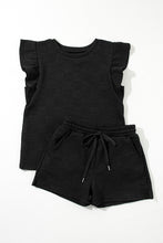 Load image into Gallery viewer, Black Textured Ruffled Sleeve Tee and Drawstring Shorts Set