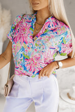 Load image into Gallery viewer, Pink Abstract Floral Print Notch V Neck Rolled Short Sleeve Blouse