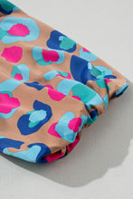 Load image into Gallery viewer, Green Leopard Print Bubble Sleeve Slit Neck Ruffled Dress