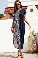 Load image into Gallery viewer, Black Contrast Solid Leopard Short Sleeve T-shirt Dress with Slits