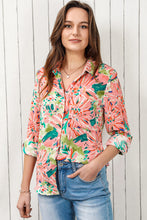 Load image into Gallery viewer, Pink Abstract Floral Print Notch V Neck Rolled Short Sleeve Blouse