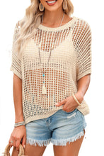 Load image into Gallery viewer, Apricot Fishnet Knit Ribbed Round Neck Short Sleeve Sweater Tee