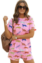 Load image into Gallery viewer, Pink Flower Print Short Sleeve High Waist Two Piece Shorts Set