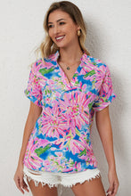 Load image into Gallery viewer, Pink Abstract Floral Print Notch V Neck Rolled Short Sleeve Blouse