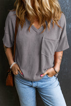 Load image into Gallery viewer, Light Grey Corded V Neck Chest Pocket Loose T-shirt