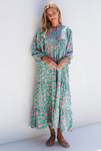 Load image into Gallery viewer, Green Abstract Print Puff Sleeve Tied Notched Neck Long Dress