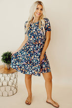 Load image into Gallery viewer, Blue Short Sleeve A-line Floral Dress