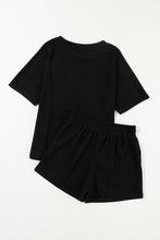 Load image into Gallery viewer, Black Casual Textured Tee and Drawstring Shorts Set