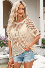 Load image into Gallery viewer, Apricot Fishnet Knit Ribbed Round Neck Short Sleeve Sweater Tee