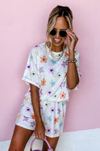 Load image into Gallery viewer, White Flower Print Short Sleeve High Waist Two Piece Shorts Set