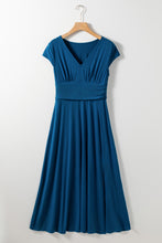Load image into Gallery viewer, Peacock Blue Short Sleeve Shirred High Waist V Neck Maxi Dress