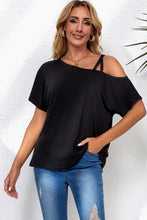 Load image into Gallery viewer, Black Asymmetric Criss Cross One Shoulder T Shirt