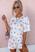 Load image into Gallery viewer, White Flower Print Short Sleeve High Waist Two Piece Shorts Set