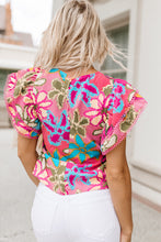 Load image into Gallery viewer, Multicolor Vibrant Floral Print Trimmed Ruffle Sleeve Blouse
