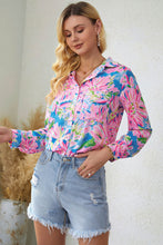 Load image into Gallery viewer, Pink Abstract Floral Print Notch V Neck Rolled Short Sleeve Blouse