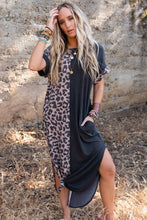 Load image into Gallery viewer, Black Contrast Solid Leopard Short Sleeve T-shirt Dress with Slits