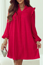 Load image into Gallery viewer, Fiery Red Textured Ruffled Trim V Neck Loose Fit Mini Dress