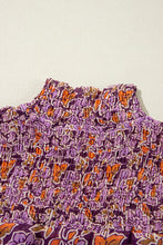 Load image into Gallery viewer, Purple Floral Smocked Puff Sleeve High Neck Mini Dress