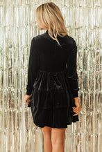 Load image into Gallery viewer, Black Velvet High Neck Tiered Ruffle Mini Dress