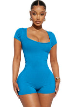 Load image into Gallery viewer, Black Ribbed Square Neck Short Sleeve Athleisure Romper