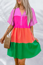 Load image into Gallery viewer, Multicolor Color Block Tiered Puff Sleeve Dress