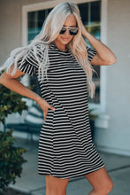 Load image into Gallery viewer, Black Striped T-shirt Mini Dress with Ruffled Sleeves