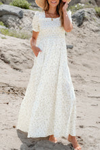 Load image into Gallery viewer, White Frilly Shirred Bodice Tiered Floral Maxi Dress