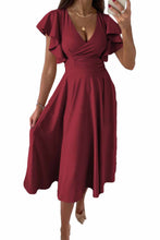Load image into Gallery viewer, Green Ruffled Sleeve Wrap V Neck Midi Dress
