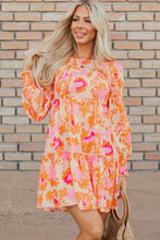 Load image into Gallery viewer, Orange Abstract Print Smocked Lantern Sleeve Ruffle Mini Dress