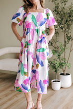 Load image into Gallery viewer, Purple Abstract Print Puff Sleeve Smocked Back Midi Dress