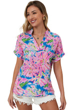 Load image into Gallery viewer, Pink Abstract Floral Print Notch V Neck Rolled Short Sleeve Blouse