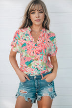 Load image into Gallery viewer, Pink Abstract Floral Print Notch V Neck Rolled Short Sleeve Blouse