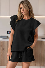 Load image into Gallery viewer, Black Textured Ruffled Sleeve Tee and Drawstring Shorts Set