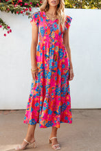 Load image into Gallery viewer, Rose Red Boho Floral V Neck Ruffle Tiered Long Dress