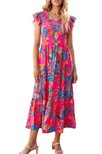 Load image into Gallery viewer, Rose Red Boho Floral V Neck Ruffle Tiered Long Dress