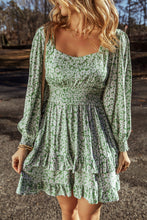 Load image into Gallery viewer, Green Floral Print Square Neck Shirred Waist Tiered Ruffled Mini Dress