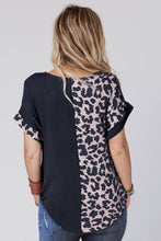 Load image into Gallery viewer, Black Contrast Solid Leopard Short Sleeve T-shirt Dress with Slits