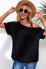 Load image into Gallery viewer, Black Asymmetric Criss Cross One Shoulder T Shirt